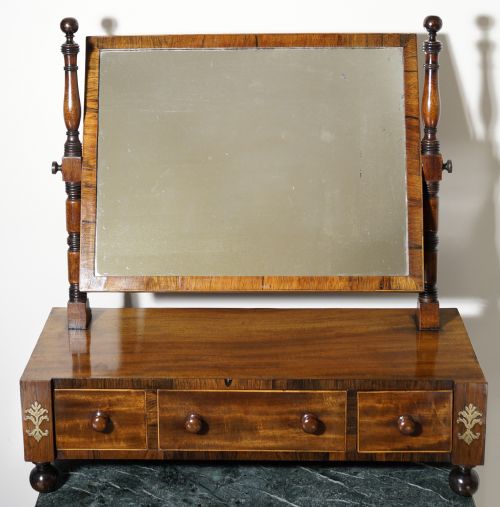 A GOOD REGENCY THREEDRAWER OAK LINED MAHOGANY AND ROSEWOOD WITH BOXWOOD STRINGING TOILET MIRROR - ADDITIONAL PHOTO 5