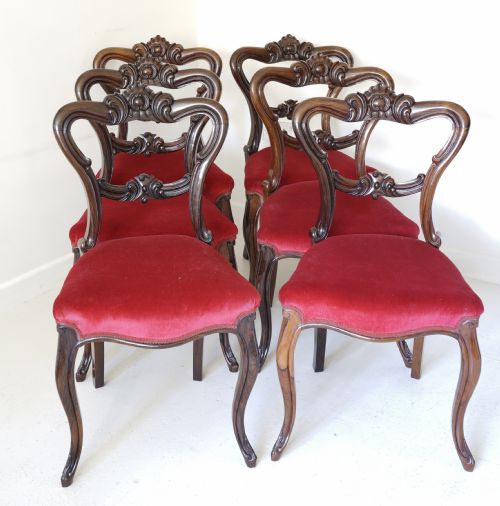 set of six victorian solid rosewood dining chairs with finely carved detail supported - CATEGORY: ANTIQUE CHAIRS - DATED 19TH CENTURY