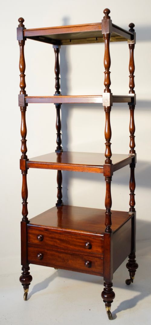 HANDSOME TALL MAHOGANY WHATNOT WITH TWO DRAWERS RAISED ON TURNED FEET - ADDITIONAL PHOTO 1