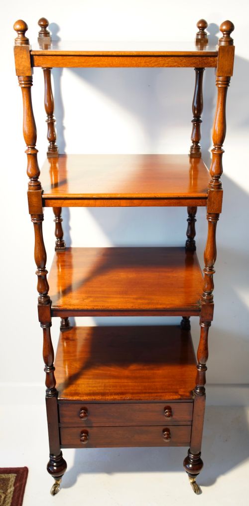 HANDSOME TALL MAHOGANY WHATNOT WITH TWO DRAWERS RAISED ON TURNED FEET - ADDITIONAL PHOTO 3
