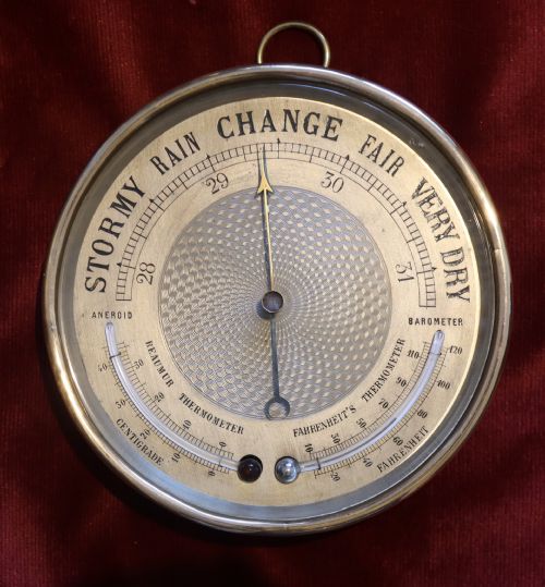 Antique Brass Cased Aneroid Barometer.