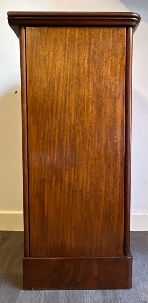 A Victorian warm brown timber pot cupboard featuring a single fielded panel door with a carved central wooden knob and a sturdy plinth base. View IX