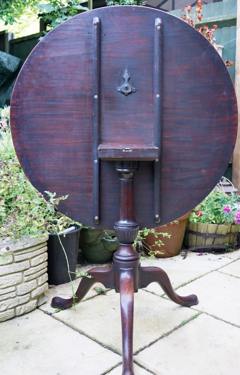 A Georgian mahogany tripod table featuring a circular top, turned carved column, and three cabriole legs. View II