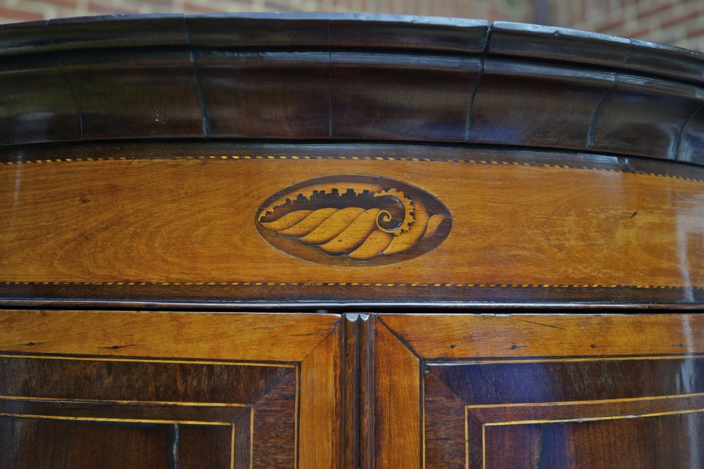 1790's Mahogany inlaid Sheraton bow fronted collector’s corner cupboard View IV