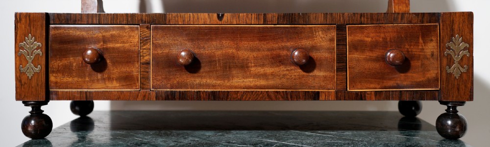 A good Regency three-drawer oak lined mahogany and rosewood with boxwood stringing toilet mirror. View III