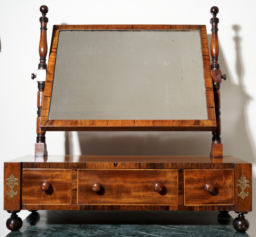 A good Regency three-drawer oak lined mahogany and rosewood with boxwood stringing toilet mirror. View IV
