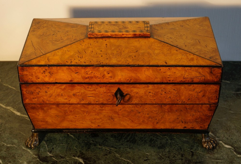 A fine 1820s Pollard oak and inlaid tea caddy supported View III