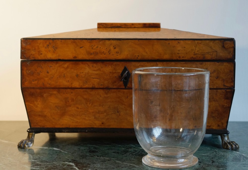A fine 1820s Pollard oak and inlaid tea caddy supported View VIII