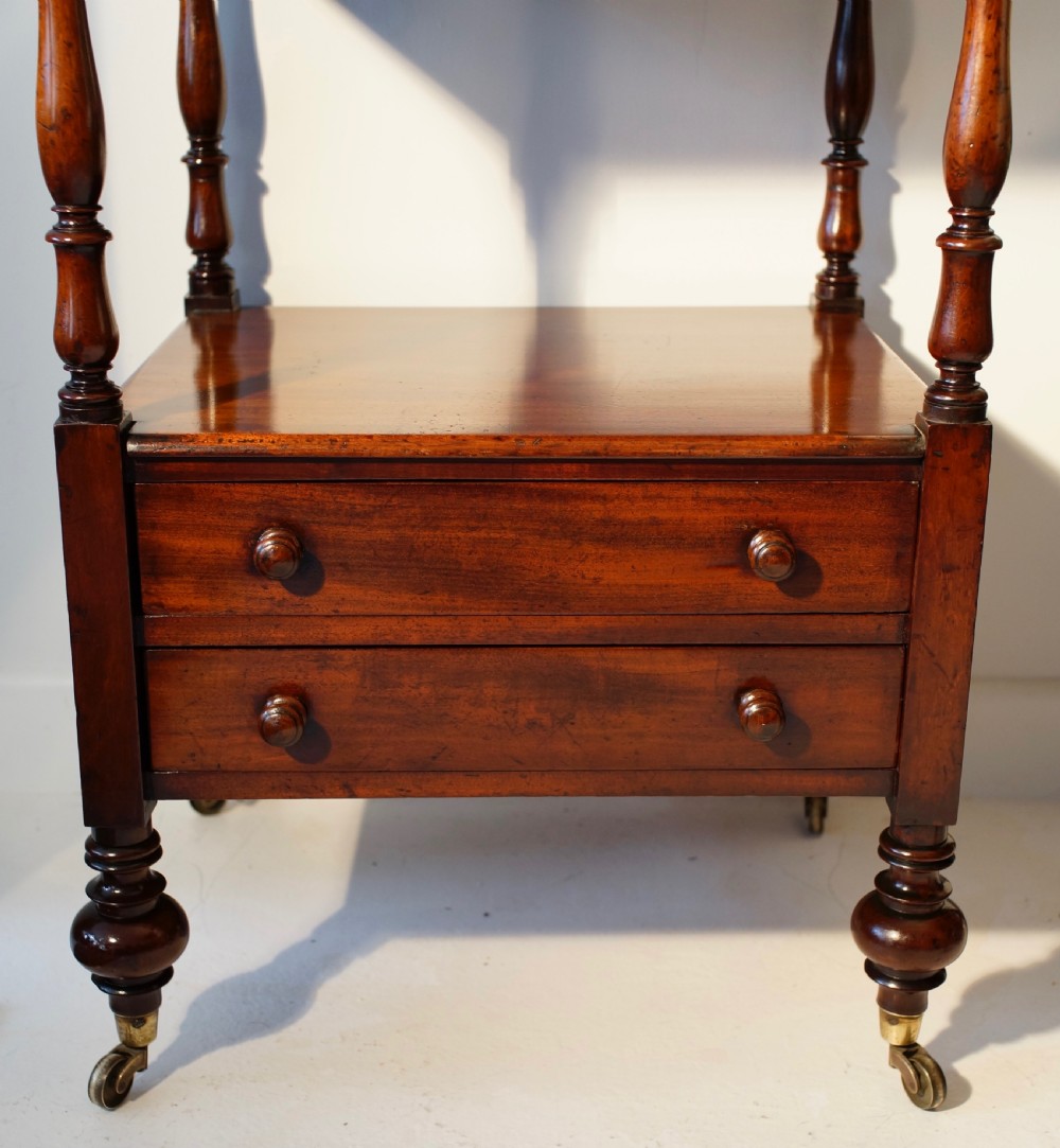 Handsome tall mahogany Whatnot with two drawers raised on turned feet View VI