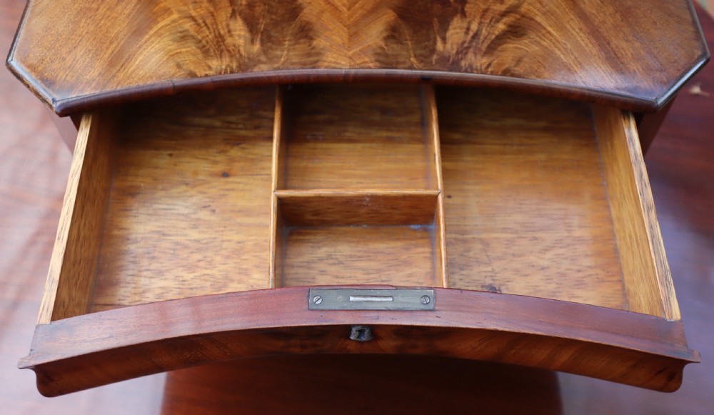 An antique mahogany tabletop toilet mirror featuring an adjustable swivel glass frame supported by turned columns over a two-drawer serpentine base. View VI
