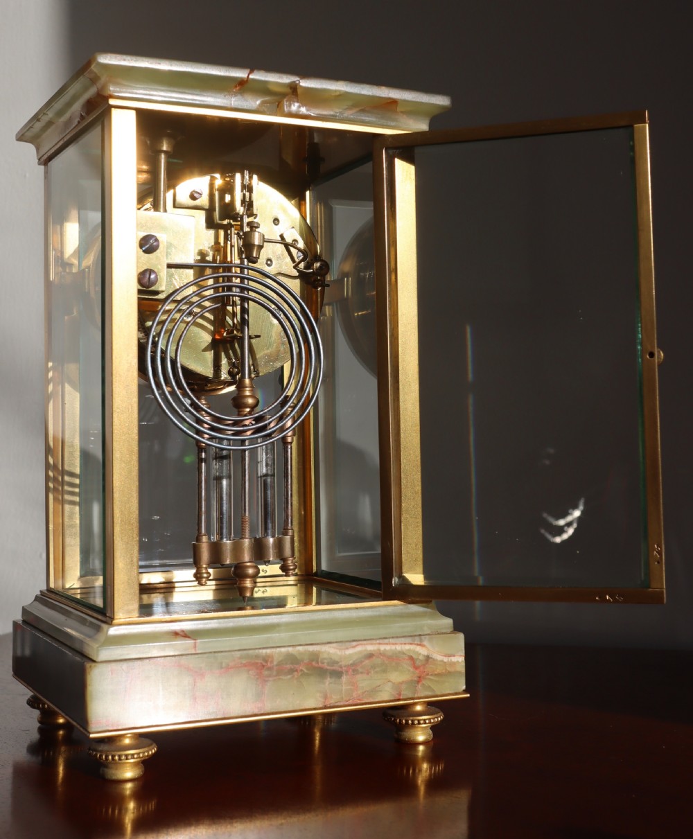 Antique  good looking fine quality 1880s French onyx marble and brass mantel clock. View VII