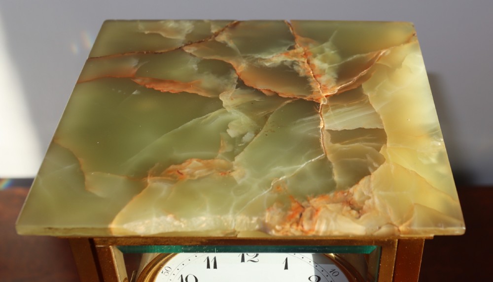 Antique  good looking fine quality 1880s French onyx marble and brass mantel clock. View IX
