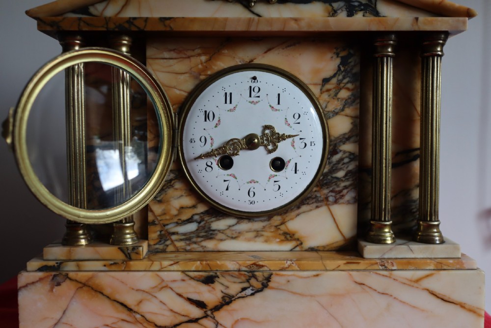 Antique French marble mantel clock with brass column's Circa 1890s View II