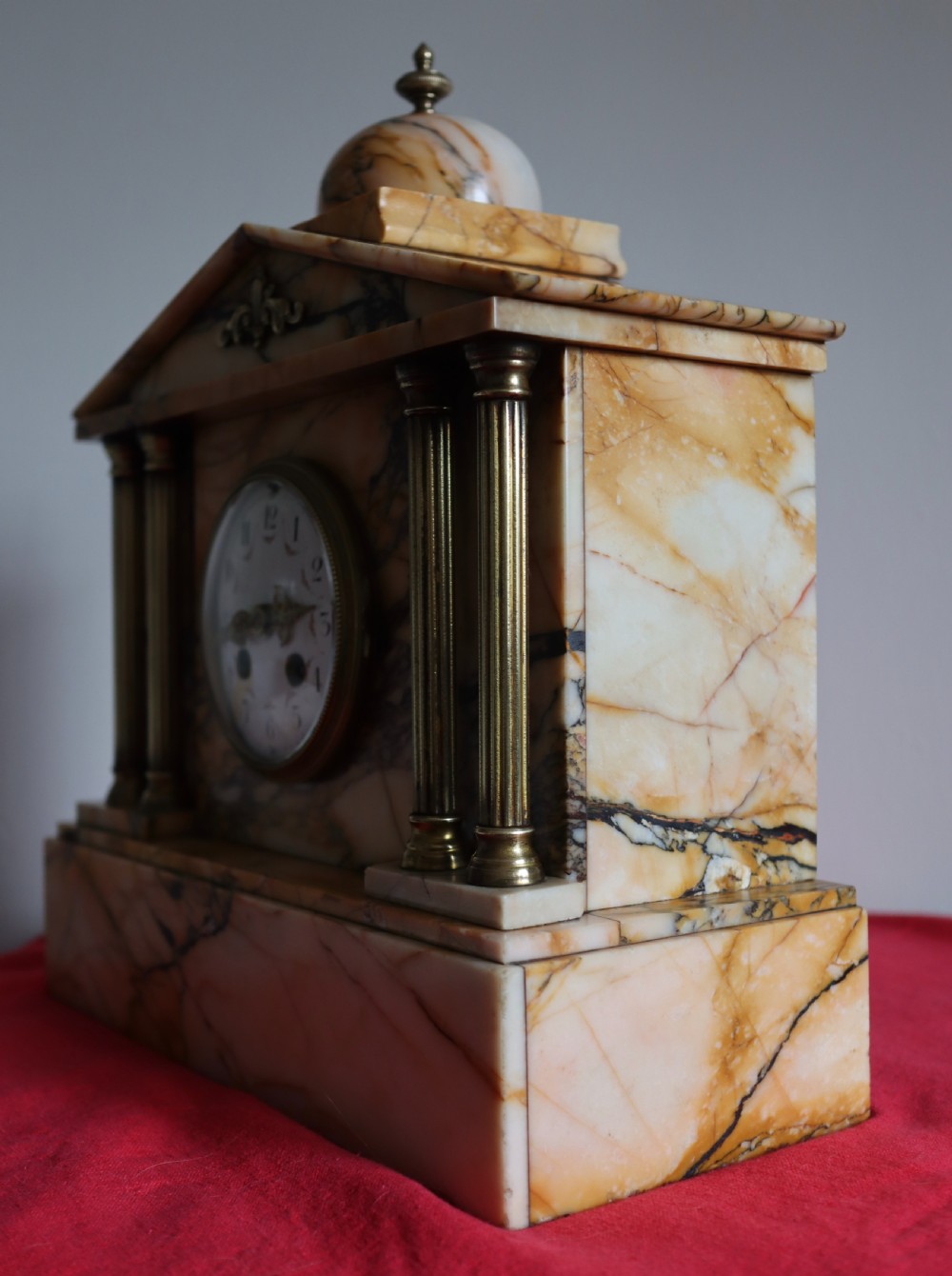 Antique French marble mantel clock with brass column's Circa 1890s View III