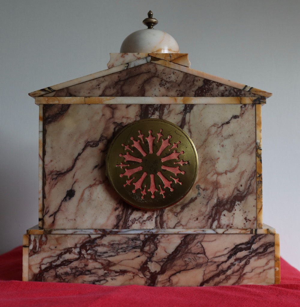 Antique French marble mantel clock with brass column's Circa 1890s View IV