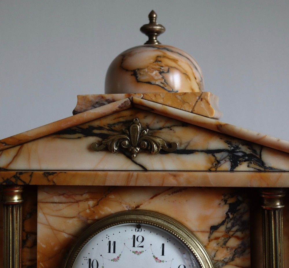 Antique French marble mantel clock with brass column's Circa 1890s View VI