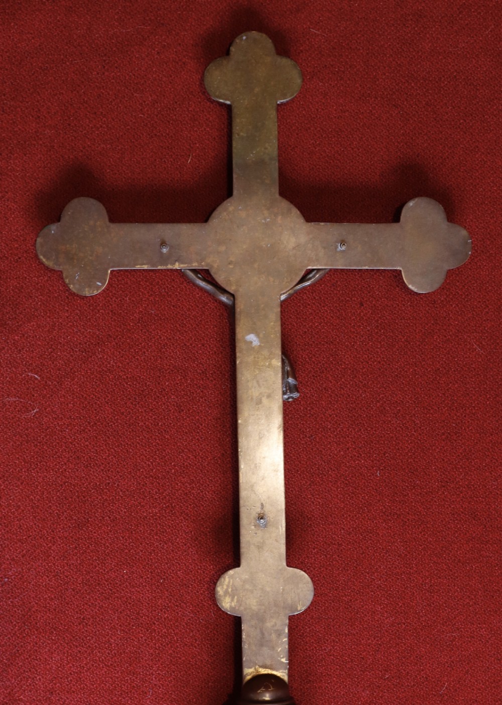 A patinated bronze processional crucifix featuring trefoil terminals, a cast figure of Christ, and a barley twist lower shaft. View X