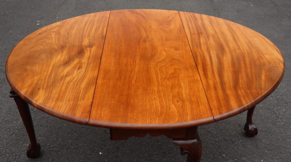An antique mahogany drop-leaf dining table featuring carved cabriole legs terminating in claw and ball feet. View VI