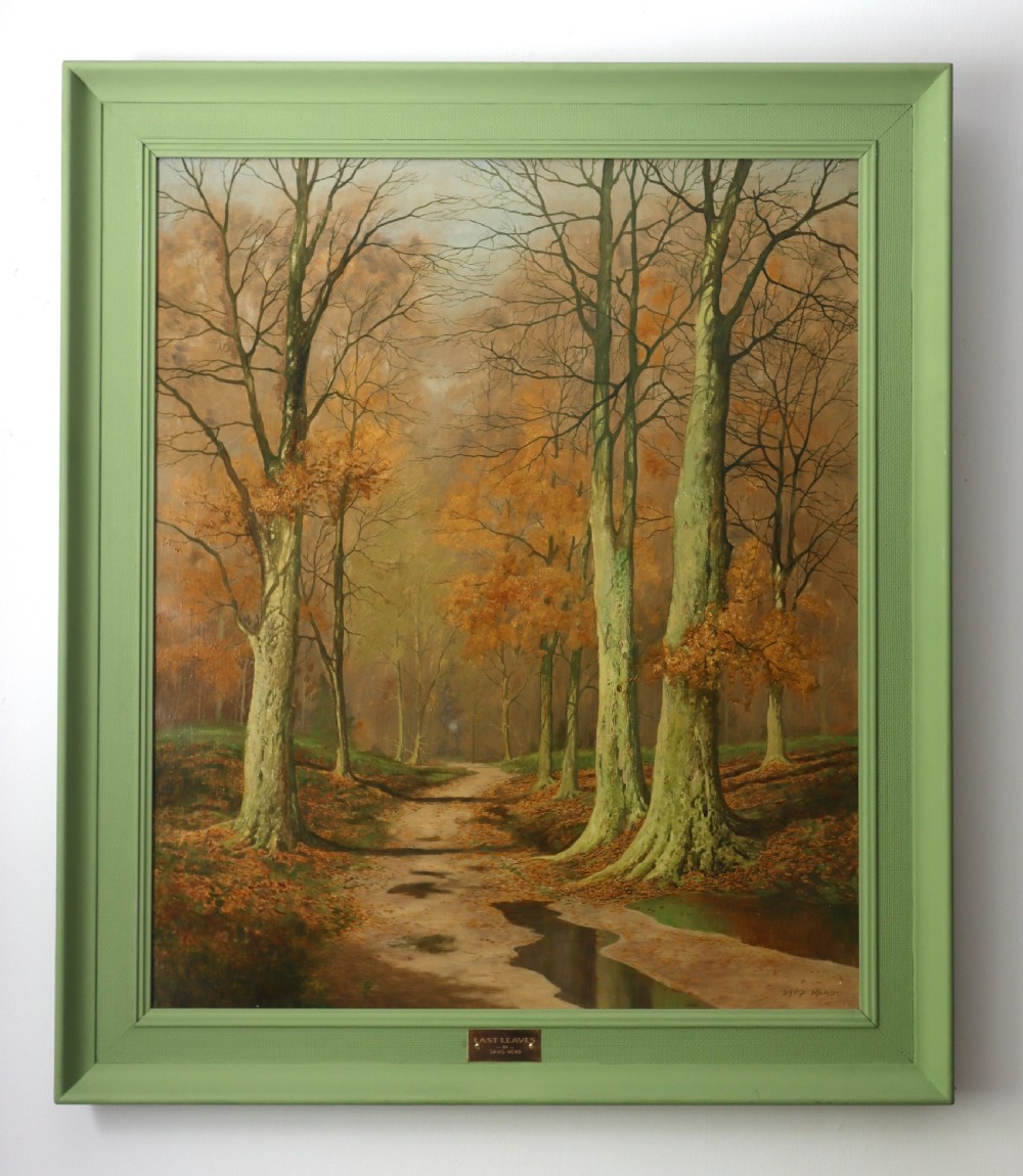 A framed oil painting portraying an autumnal forest path with bare and orange-leaved trees reflecting in rain puddles.