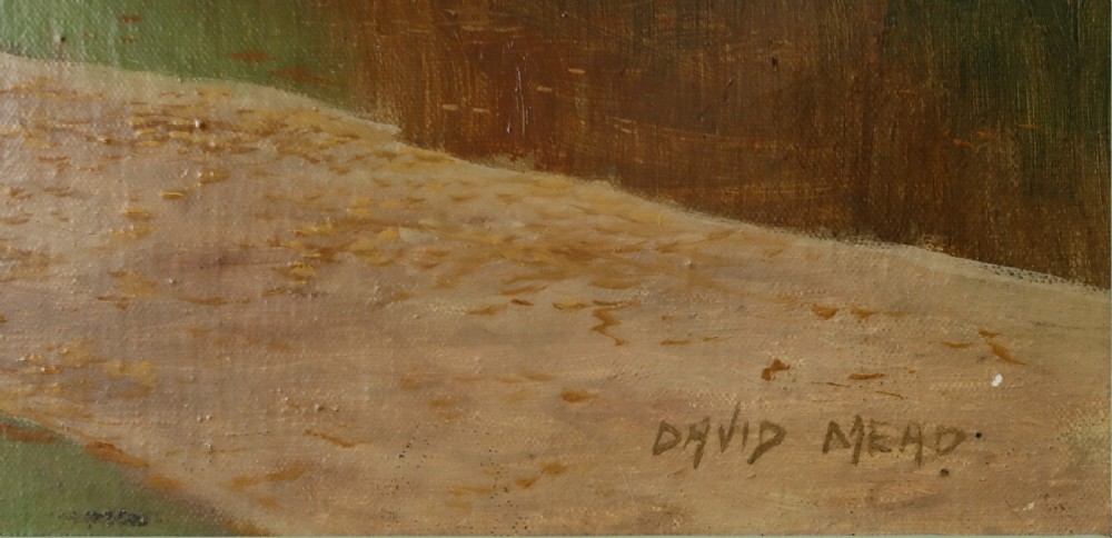 A framed oil painting portraying an autumnal forest path with bare and orange-leaved trees reflecting in rain puddles. View III