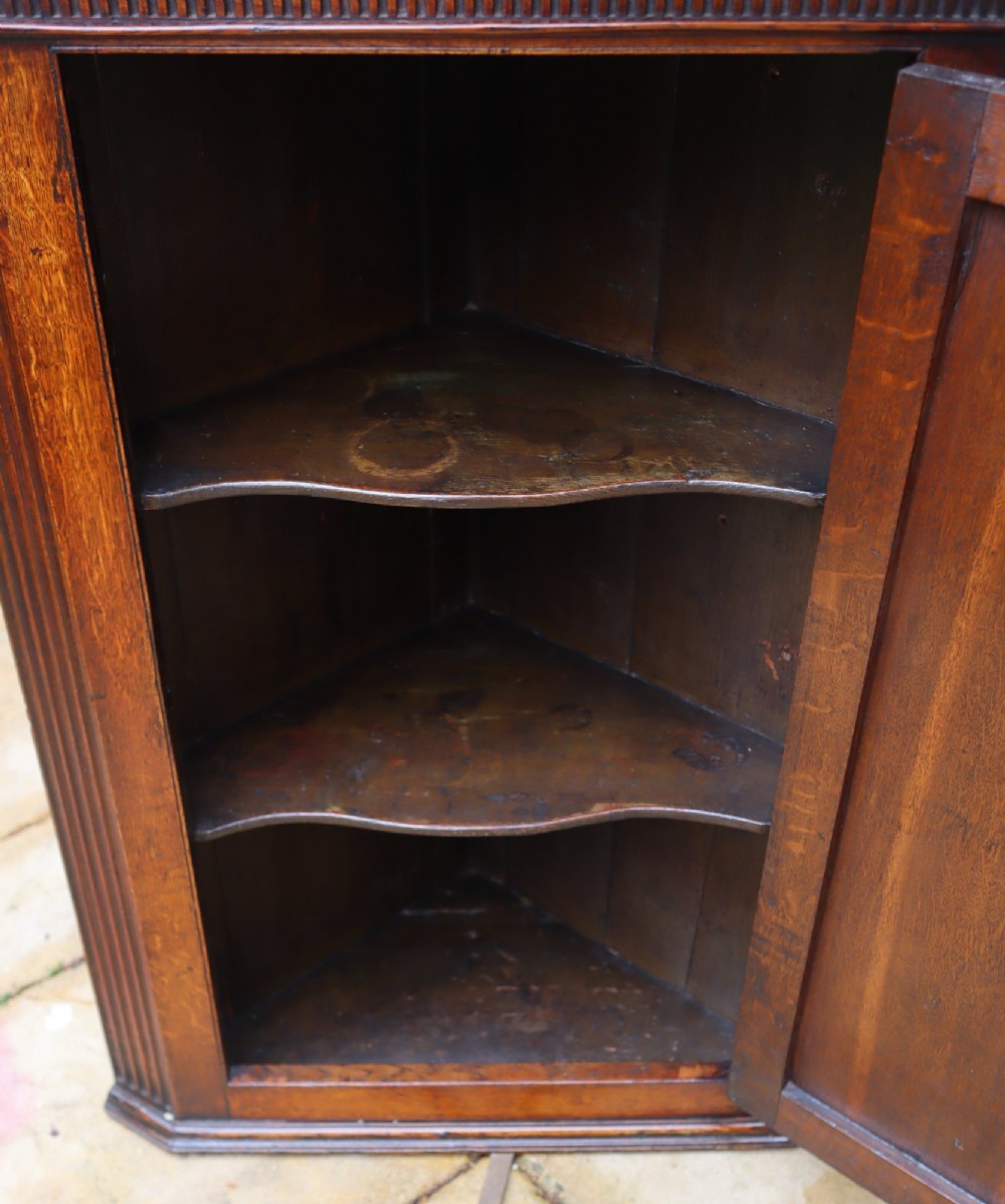 A Georgian mahogany corner cupboard with a single door featuring a central oval starburst inlay and exposed brass H-hinges. View VI