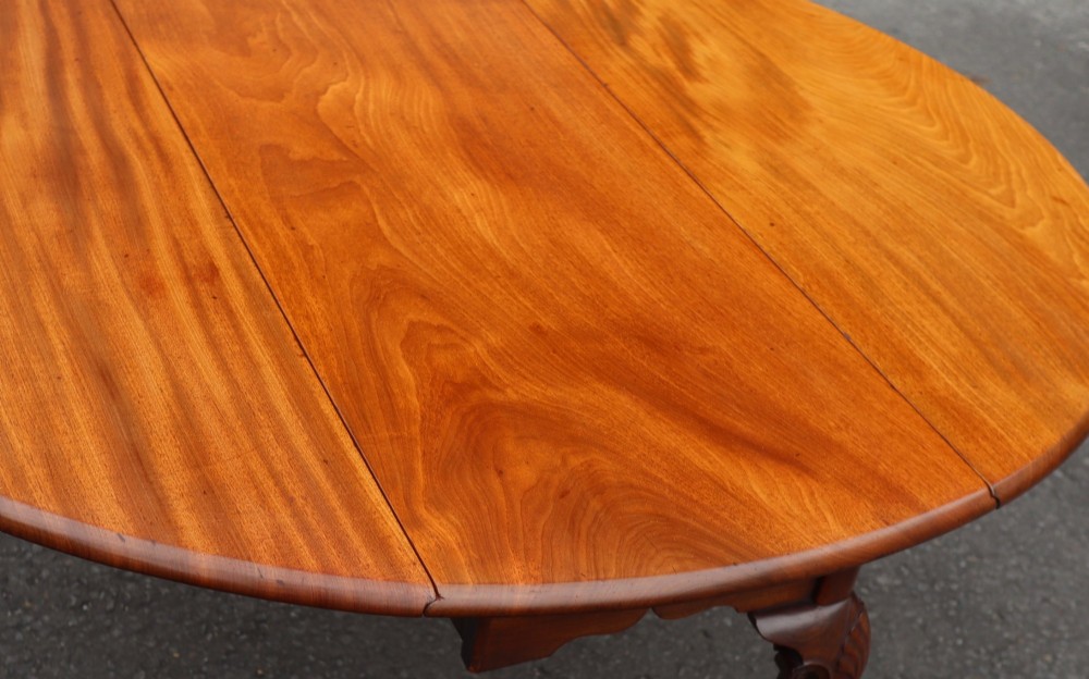 An oval mahogany drop-leaf dining table supported by carved cabriole legs ending in ball-and-claw feet. View III