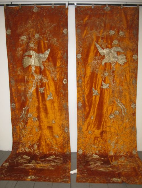 A Pair of Japanese Velvet Hangings, Circa 1920, 3.50m X 1.15m Each