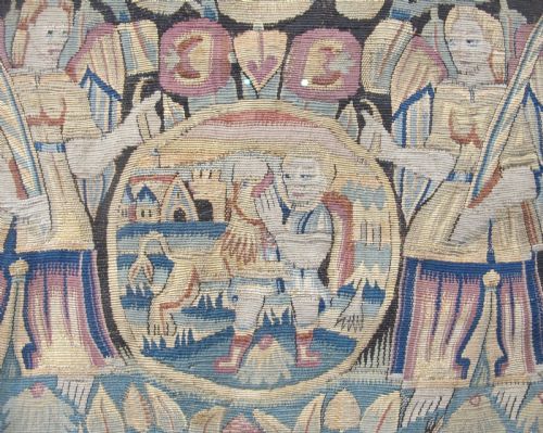 A PAIR OF NORTH GERMAN TAPESTRY CUSHIONS 17TH CENTURY 59CM X 59CM - ADDITIONAL PHOTO 3