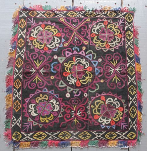EXCEPTIONAL SILK EMBROIDERED MIRROR COVER CENTRAL ASIA CIRCA 1880 62CM X 57CM