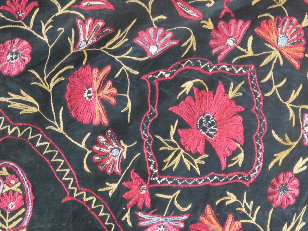 A large rectangular dark green velvet panel featuring intricate pink and gold embroidered floral medallions and boteh patterns. View III