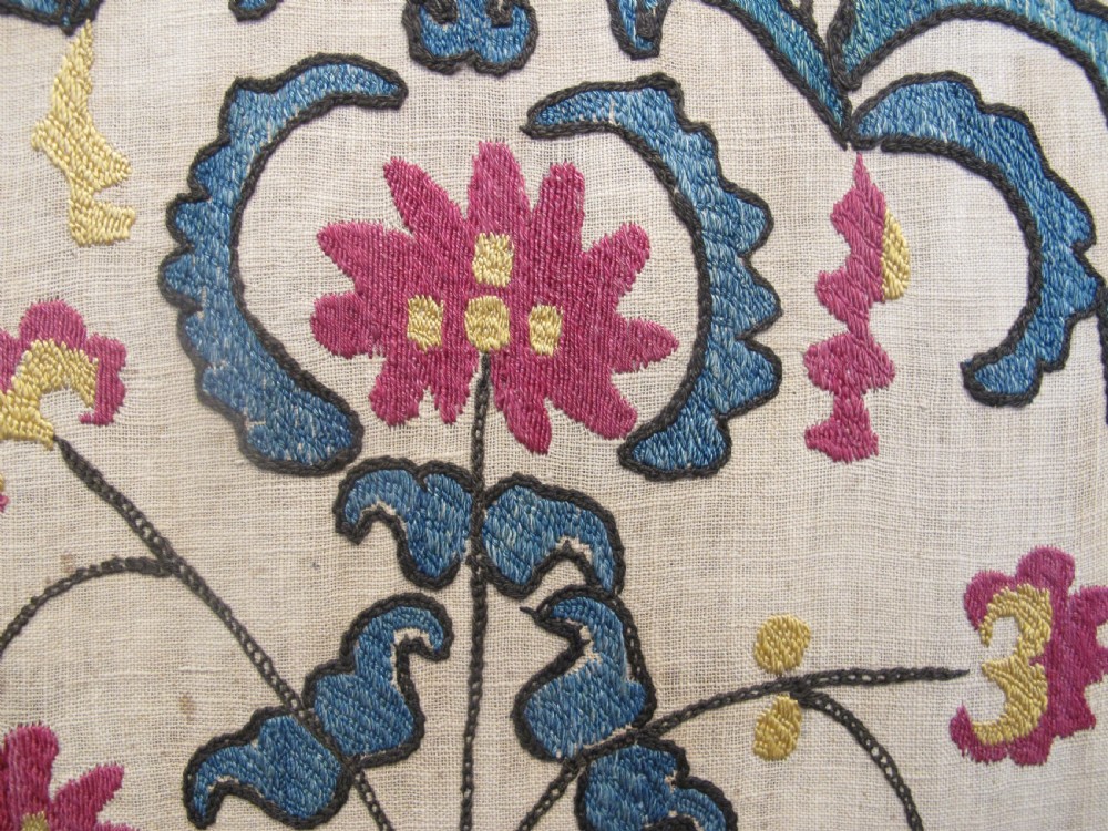 A large rectangular Central Asian suzani textile featuring repeating vertical columns of red embroidered floral motifs on a natural beige cotton substrate. View IV