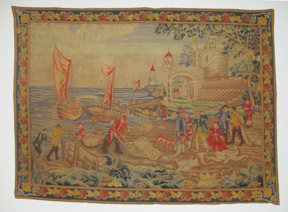 A 18th Century Petit-Point Panel, 'The Fish Quay', After Teniers, 1.80m x 2.40m (71