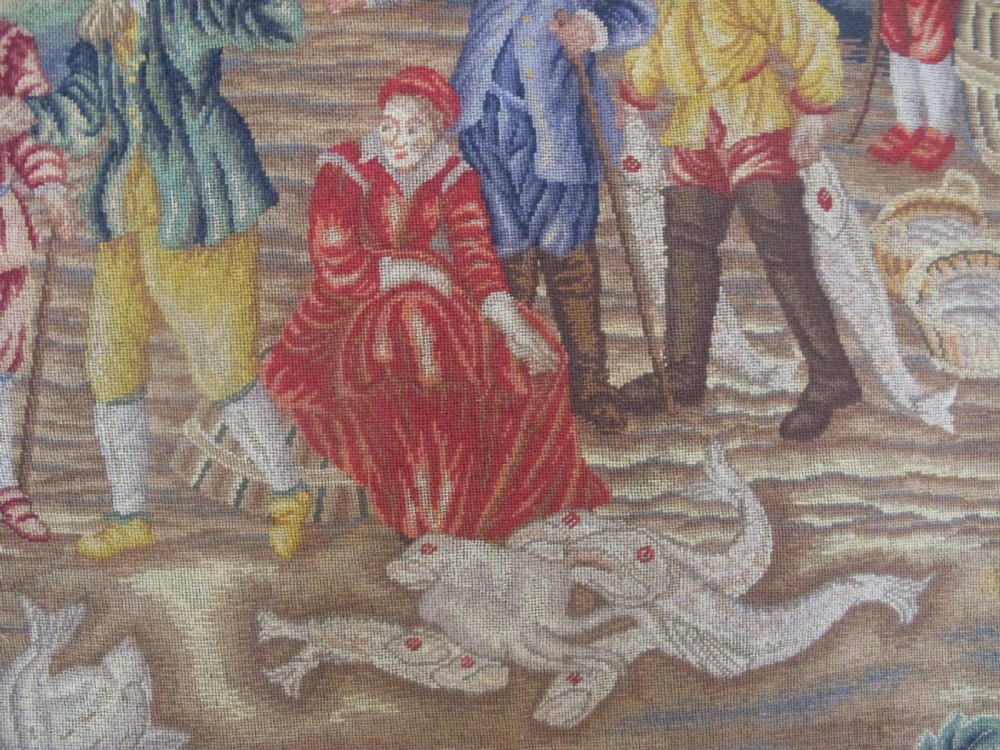 A 18th Century Petit-Point Panel, 'The Fish Quay', After Teniers, 1.80m x 2.40m (71