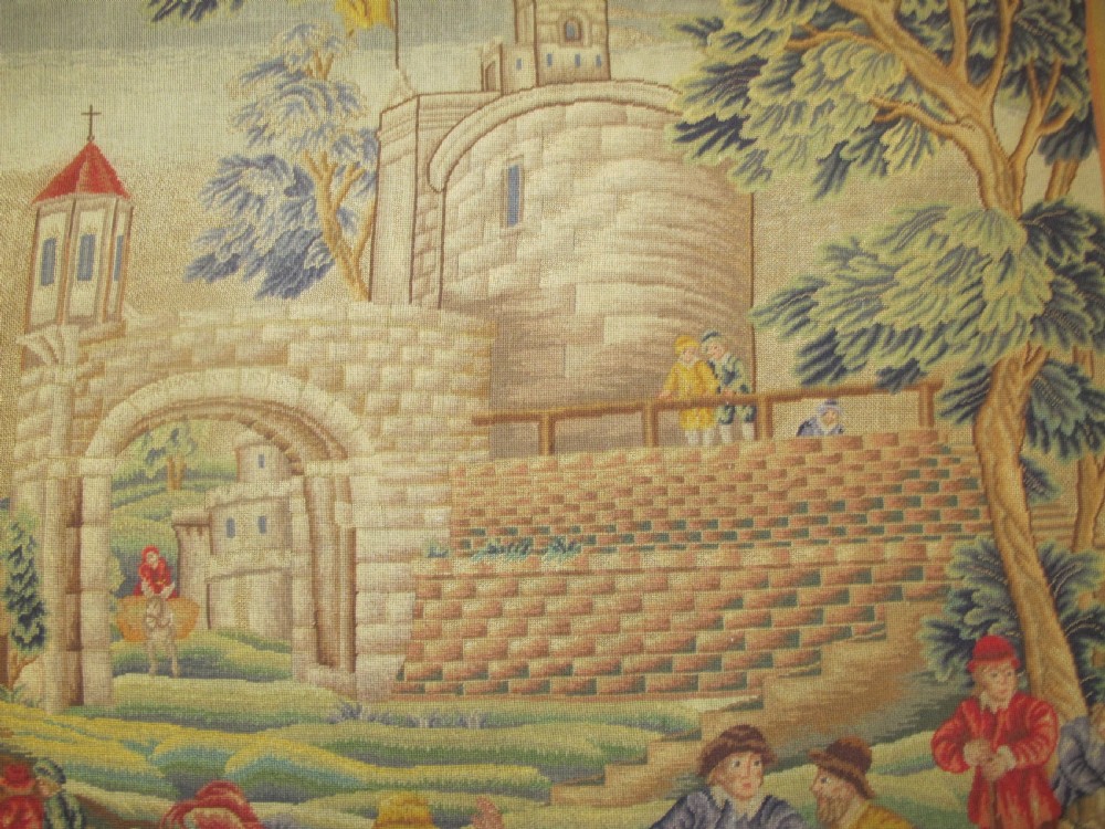 A 18th Century Petit-Point Panel, 'The Fish Quay', After Teniers, 1.80m x 2.40m (71