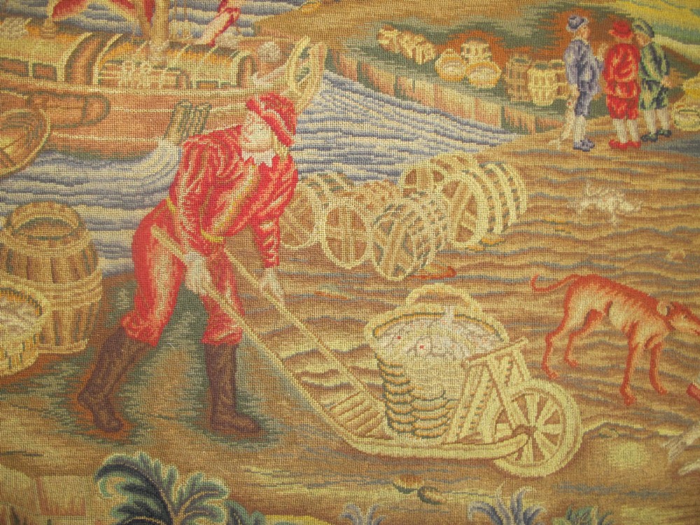 A 18th Century Petit-Point Panel, 'The Fish Quay', After Teniers, 1.80m x 2.40m (71
