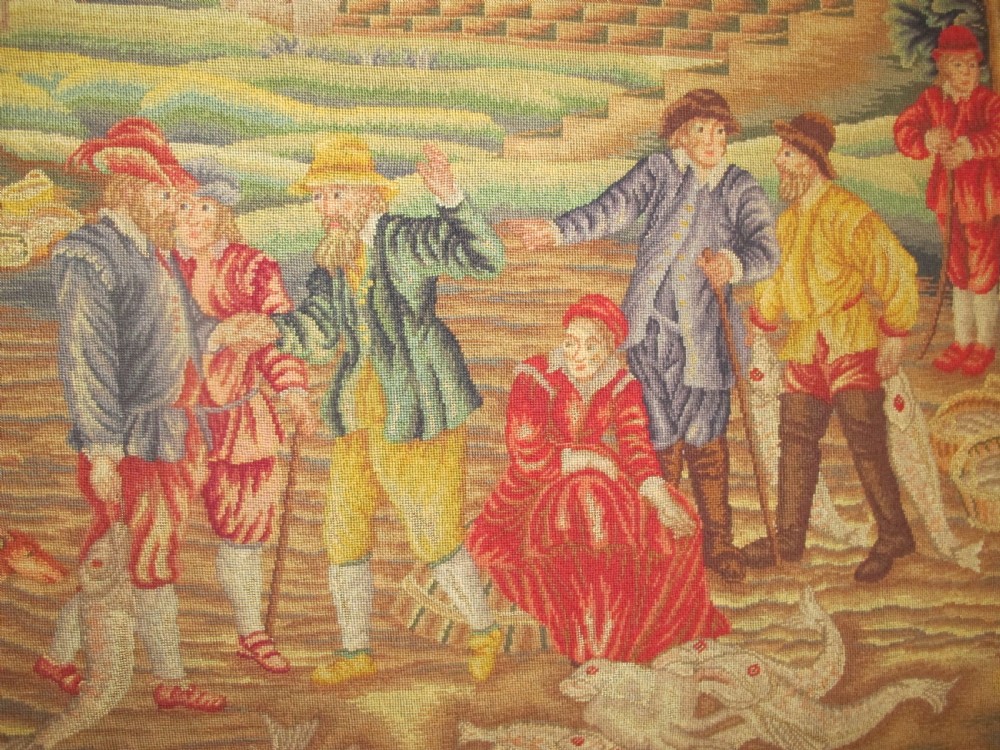 A 18th Century Petit-Point Panel, 'The Fish Quay', After Teniers, 1.80m x 2.40m (71