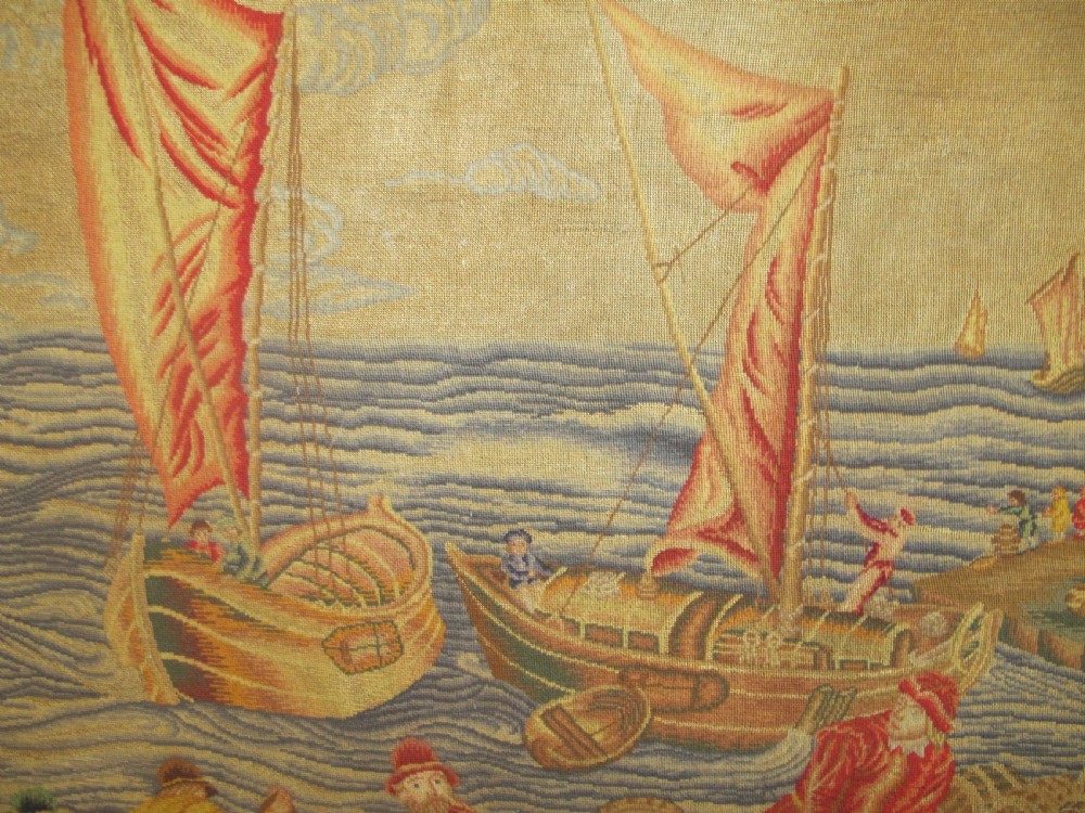 A 18th Century Petit-Point Panel, 'The Fish Quay', After Teniers, 1.80m x 2.40m (71