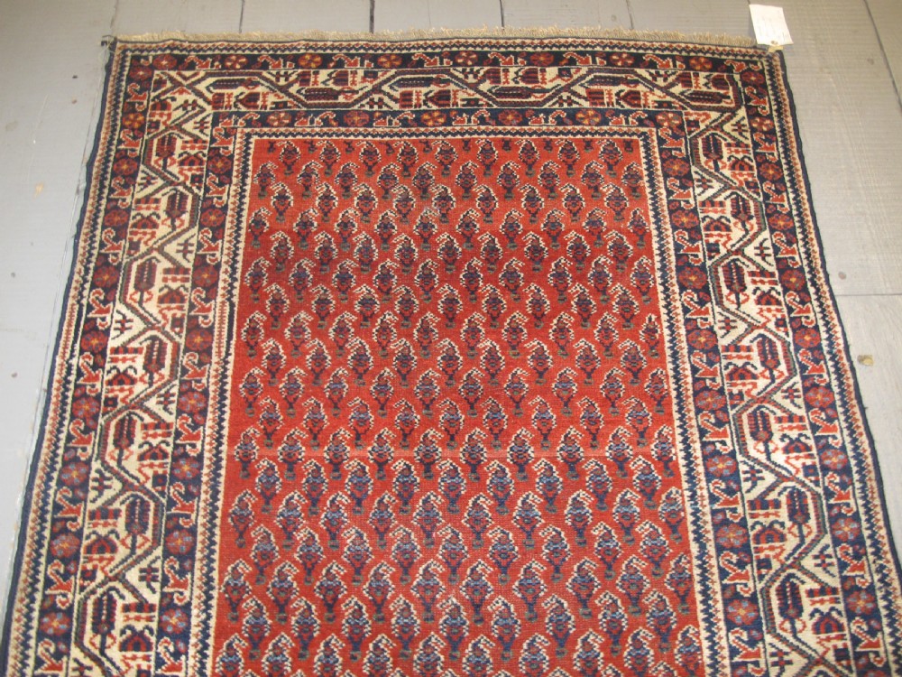 A rectangular hand-knotted wool rug featuring repeating boteh motifs on a red field enclosed by multi-layered cream and navy geometric borders. View II