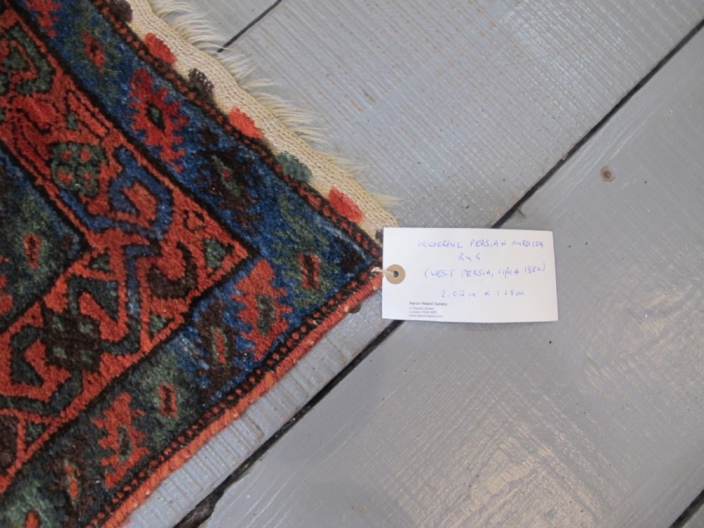A late 19th-century Kolyai hand-knotted wool rug featuring a cream central field with stylised red and navy bird motifs framed by a geometric red border. View VIII