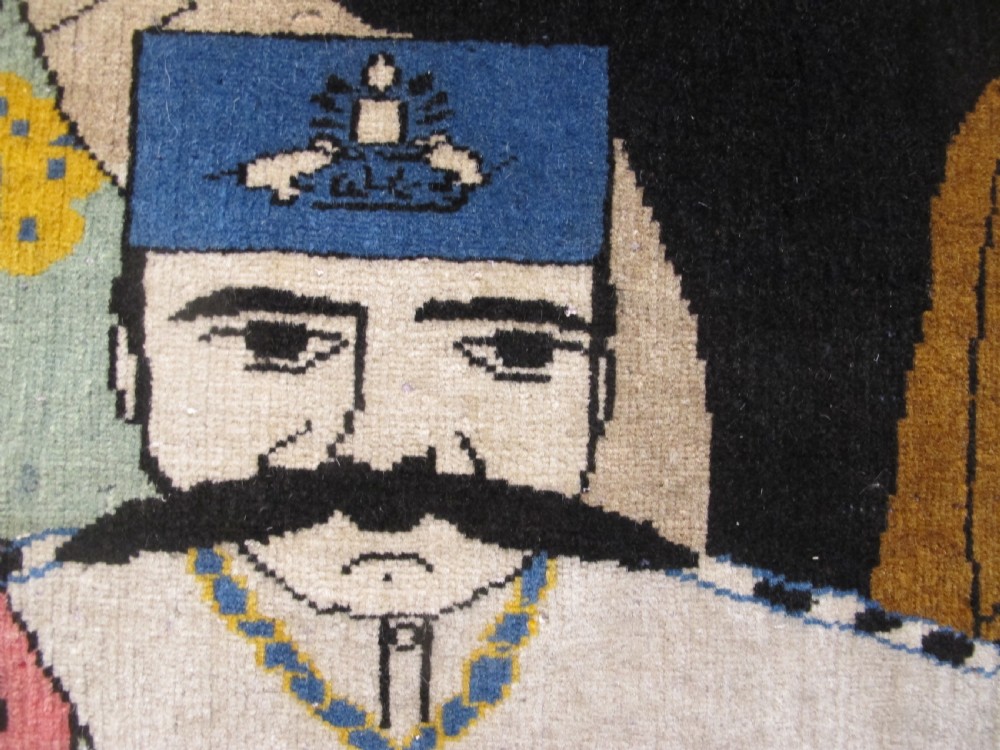 Rare Persian Rug Depicting Mozzafaradin Shah, 94cm x 86cm View III