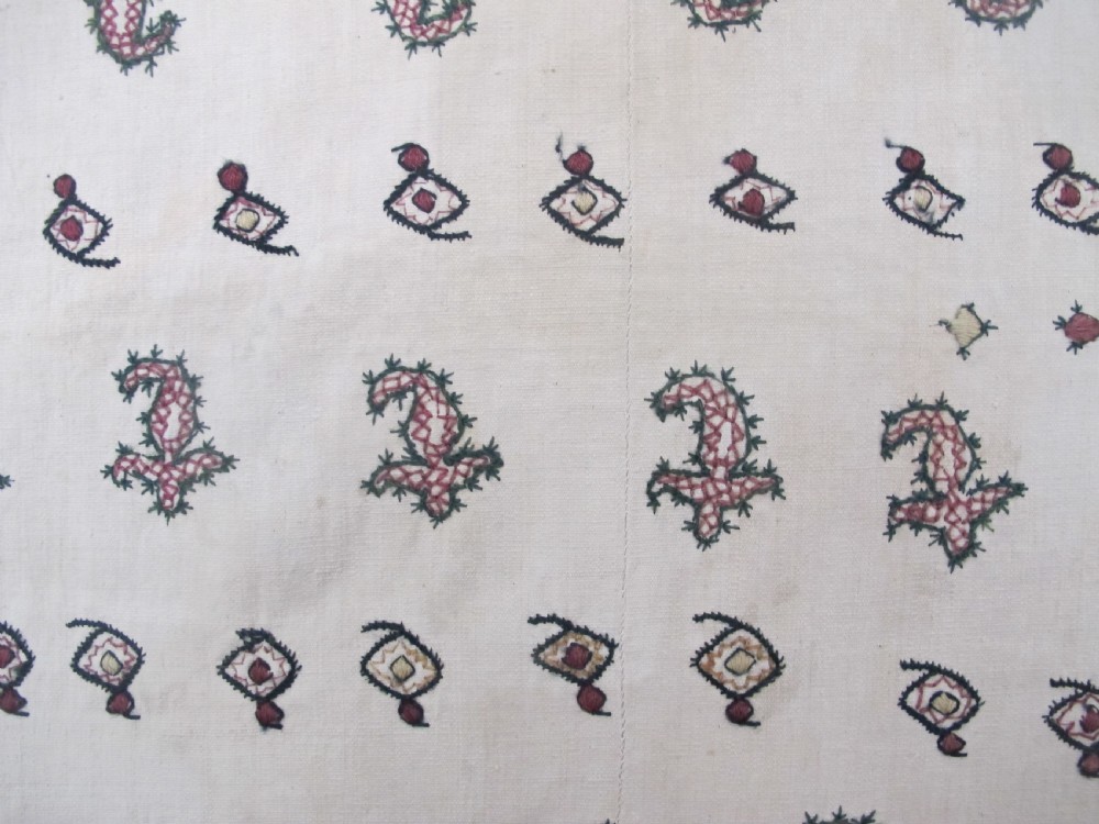 A square cream silk embroidered textile with a central circular medallion surrounded by repeating rows of small boteh motifs and a patterned border. View IV
