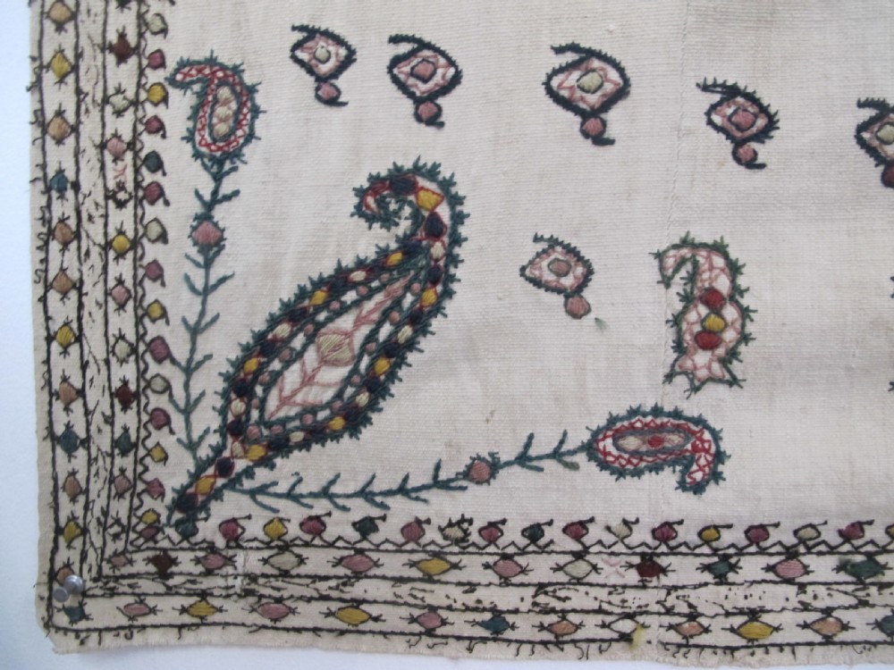 A square cream silk embroidered textile with a central circular medallion surrounded by repeating rows of small boteh motifs and a patterned border. View VI