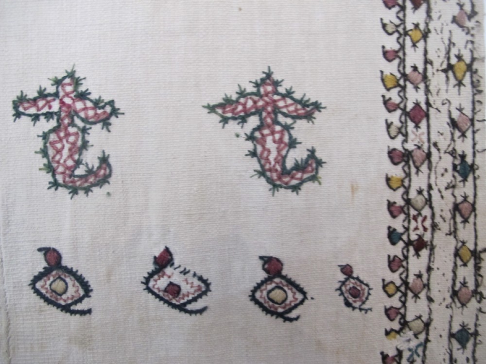 A square cream silk embroidered textile with a central circular medallion surrounded by repeating rows of small boteh motifs and a patterned border. View VII