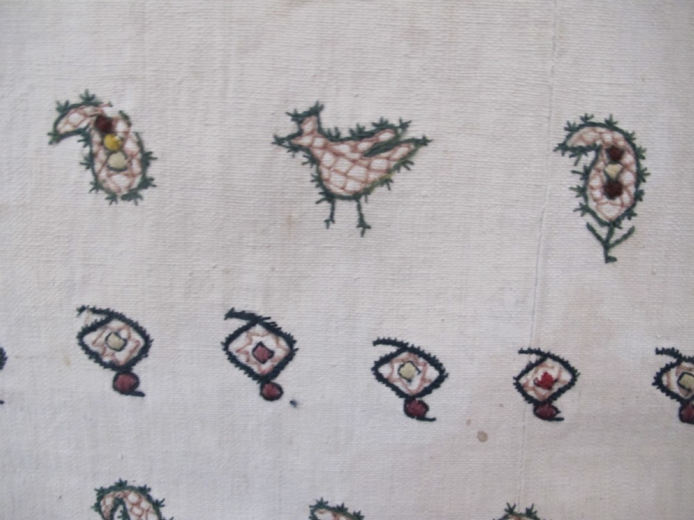 A square cream silk embroidered textile with a central circular medallion surrounded by repeating rows of small boteh motifs and a patterned border. View X