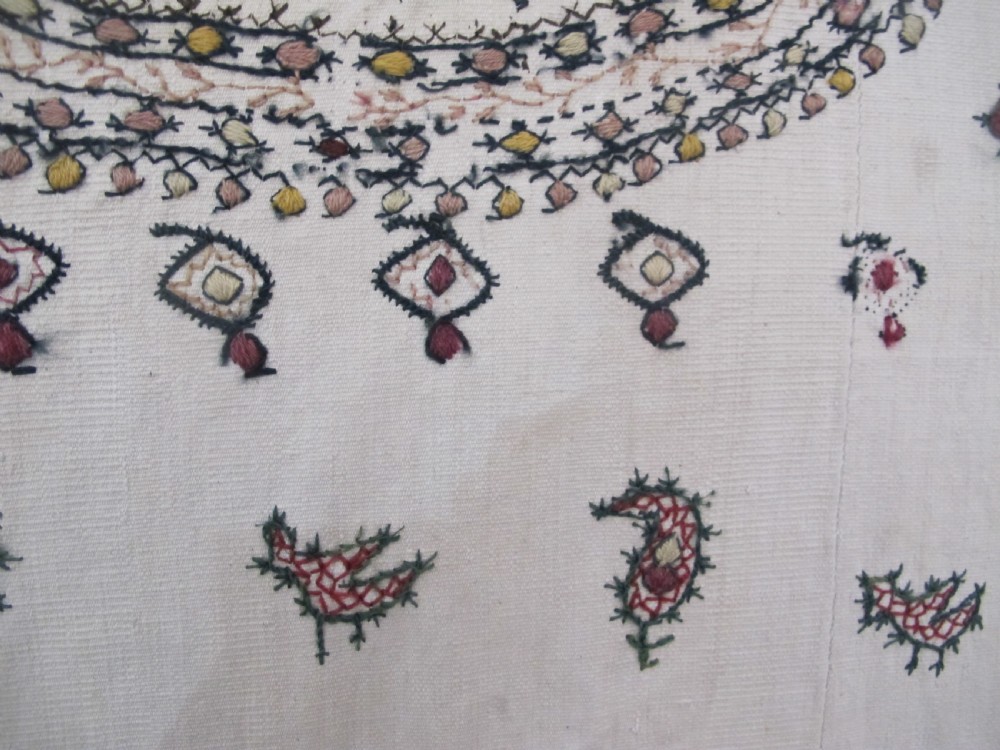 A square cream silk embroidered textile with a central circular medallion surrounded by repeating rows of small boteh motifs and a patterned border. View XI