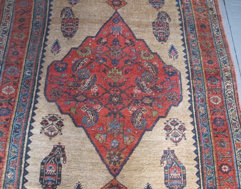 An antique hand-knotted wool long rug featuring a central red diamond medallion on a camel field framed by blue spandrels and multi-banded borders. View VI