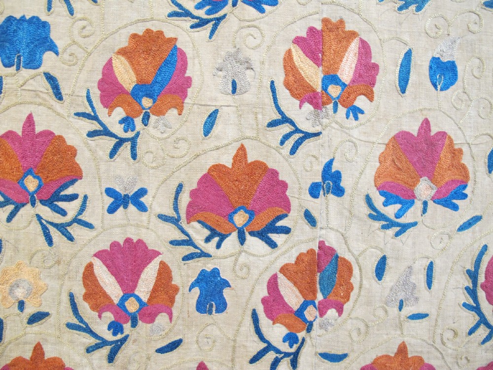 A rectangular 19th-century Bokhara suzani textile featuring hand-embroidered floral rosettes and leaf motifs in red, terracotta, and blue silk threads on a cream cotton field. View IX