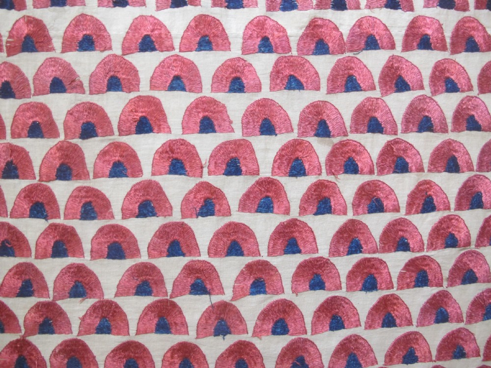 An antique rectangular Sindh embroidered textile featuring a repeating red arched pattern on a beige ground with decorative borders and tassels. View III
