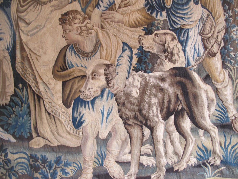 A large 17th-century woven Aubusson tapestry displaying a biblical scene with figures, hounds, and foliage in shades of blue, cream, and green. View III