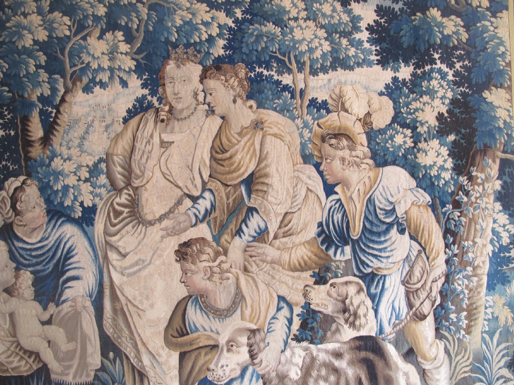 A large 17th-century woven Aubusson tapestry displaying a biblical scene with figures, hounds, and foliage in shades of blue, cream, and green. View IV